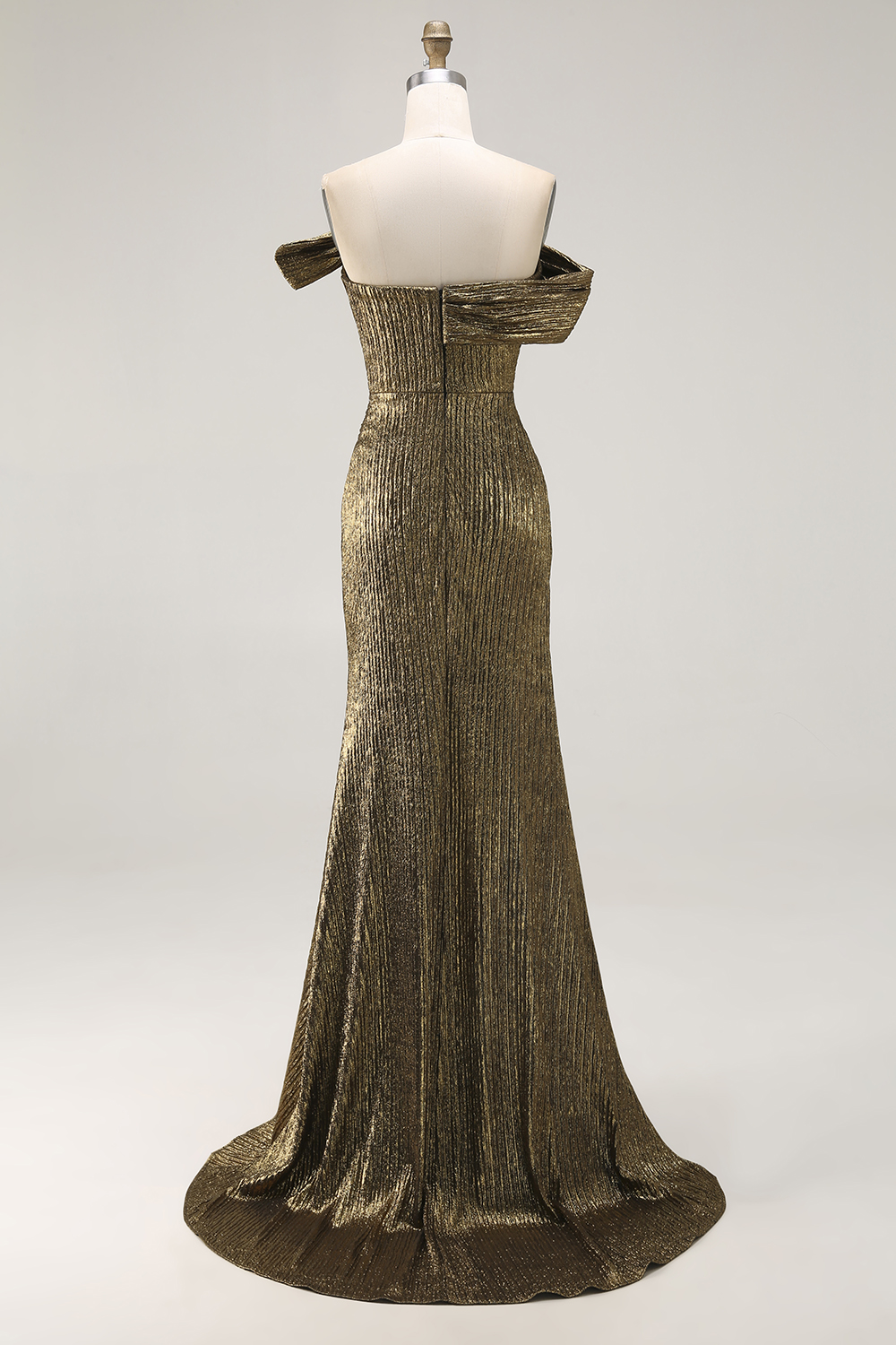 Metallic Golden Off The Shoulder Sheath Prom Slit