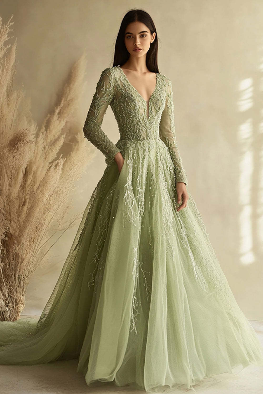 Leely Women Dusty Sage V-Neck Applique Prom Dress Long Sleeves A Line Tulle Ball Gown Dress