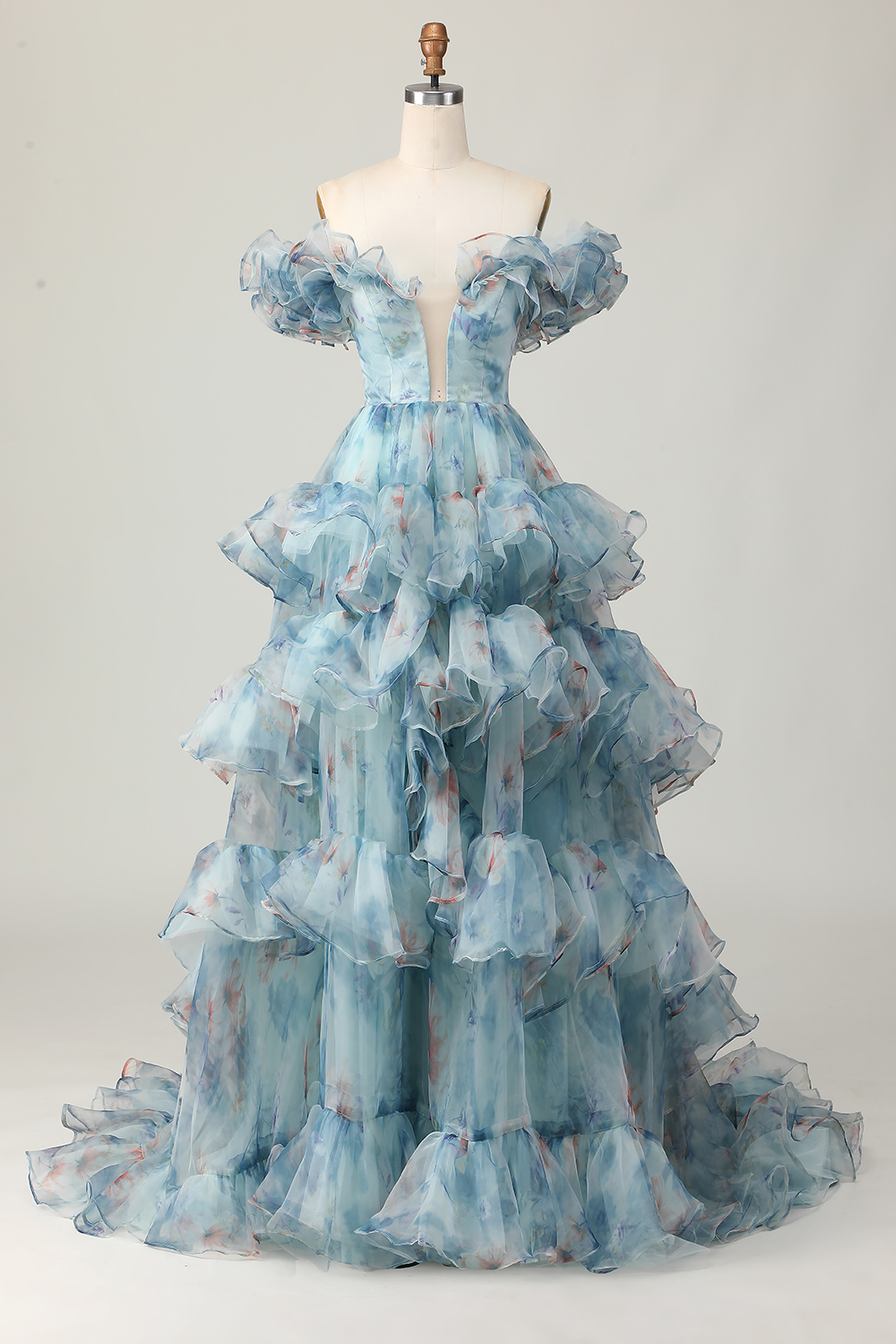 Blue Floral Ruffled A Line Off The Shoulder Keyhole Prom Dress