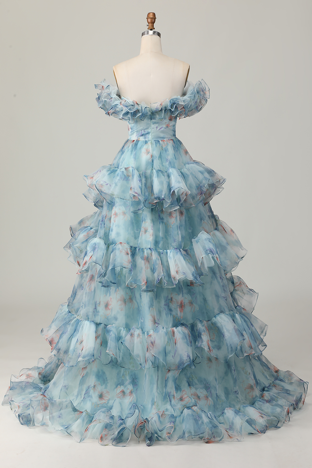 Blue Floral Ruffled A Line Off The Shoulder Keyhole Prom Dress