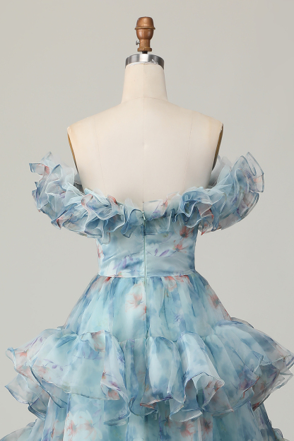 Blue Floral Ruffled A Line Off The Shoulder Keyhole Prom Dress