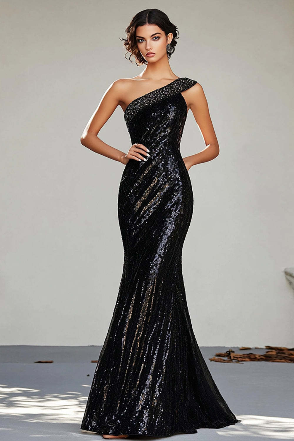Leely Women Sparkly Black Mermaid One Shoulder Prom Dress Sequined Floor Length Evening Gala Dress