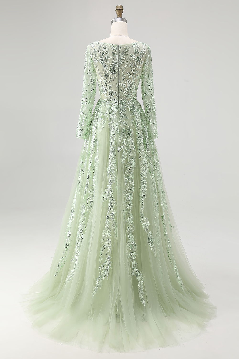 Dusty Sage V-Neck Ball Gown Applique Long Sleeves Prom Dress