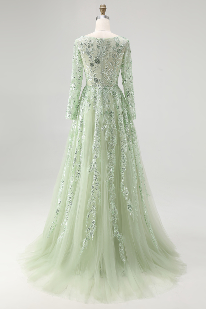 Dusty Sage V-Neck Ball Gown Applique Long Sleeves Prom Dress