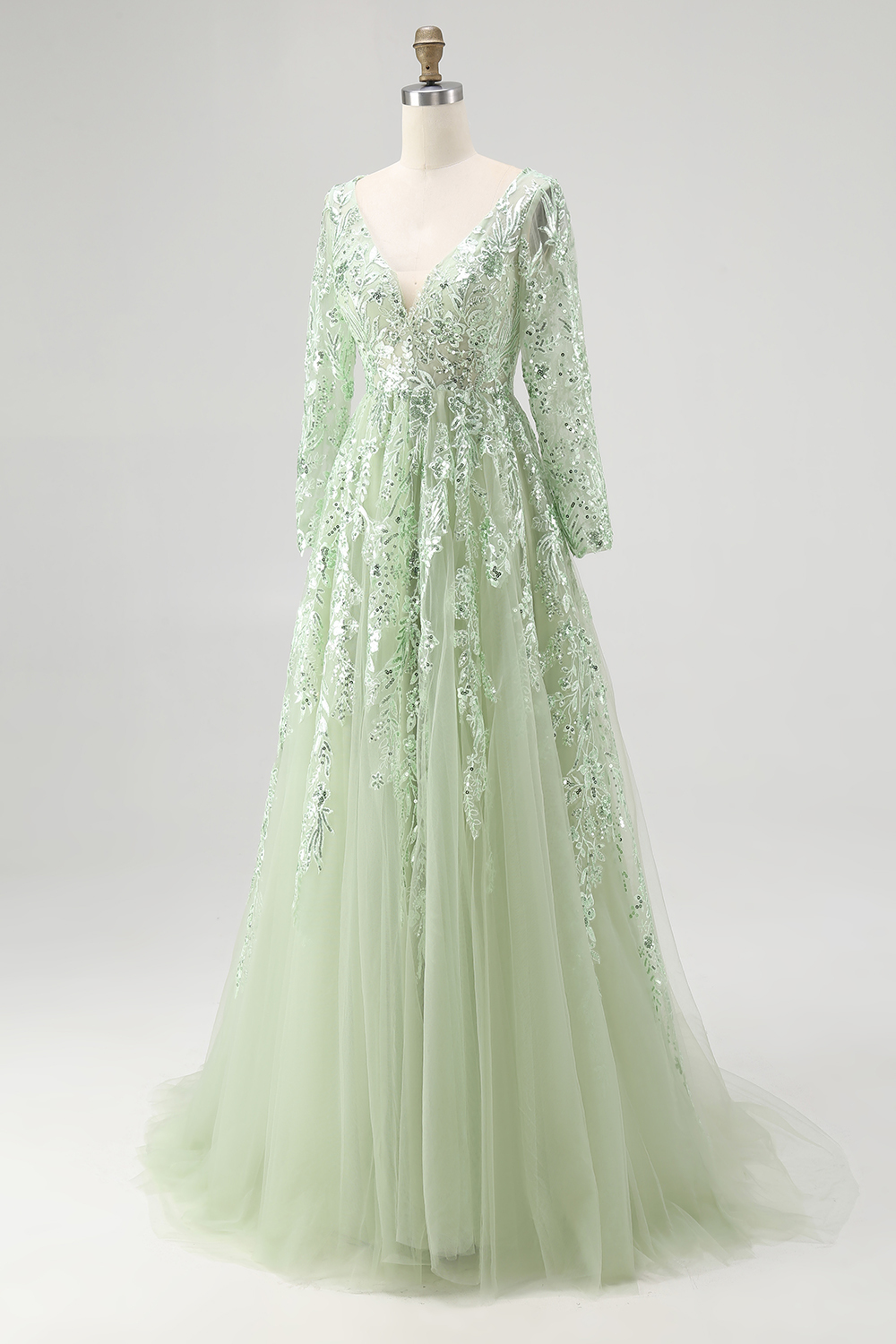Dusty Sage V-Neck Ball Gown Long Sleeves Prom Dress with Sequins