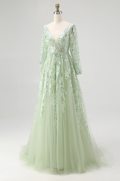 Dusty Sage V-Neck Ball Gown Long Sleeves Prom Dress with Sequins