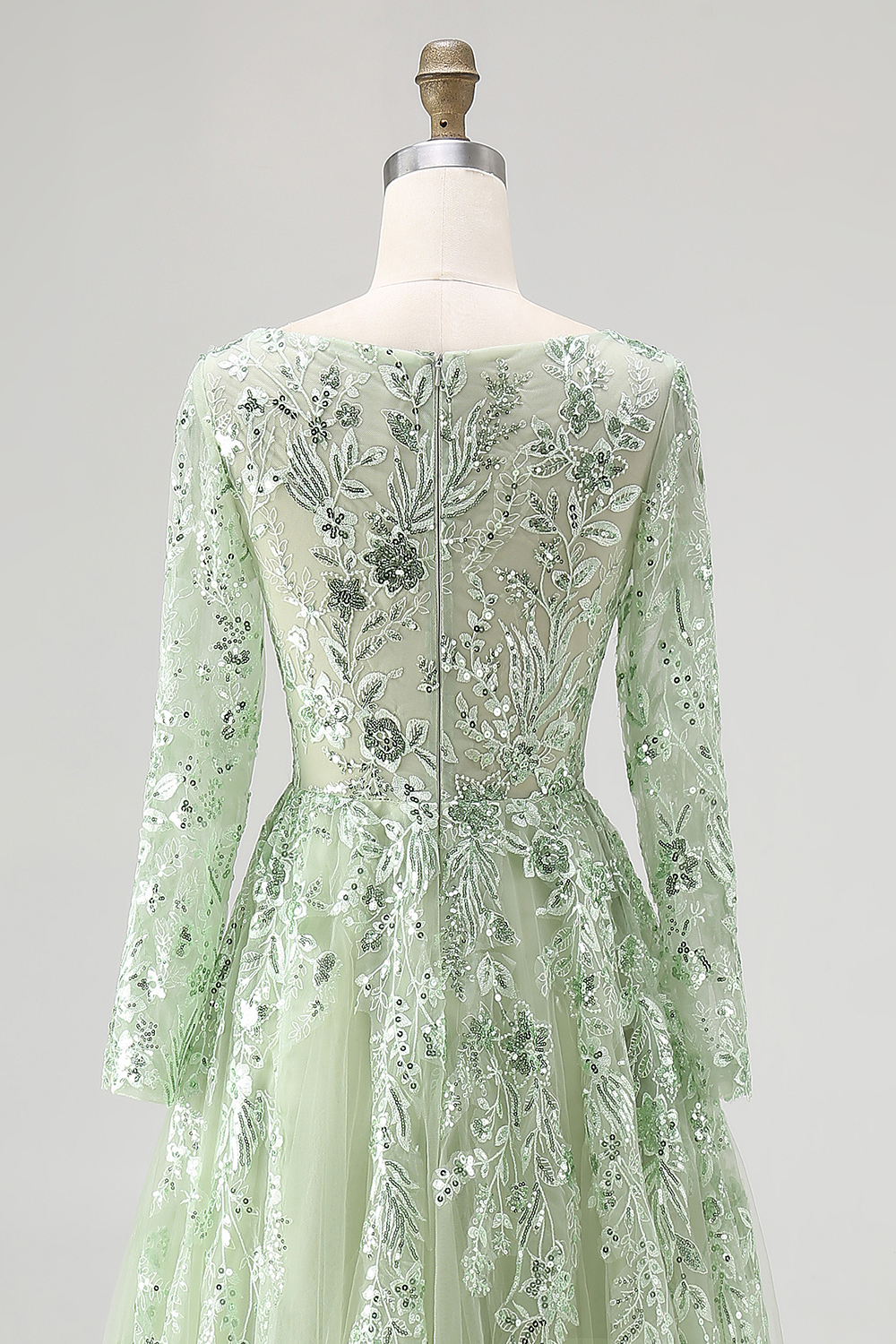 Dusty Sage V-Neck Ball Gown Applique Long Sleeves Prom Dress