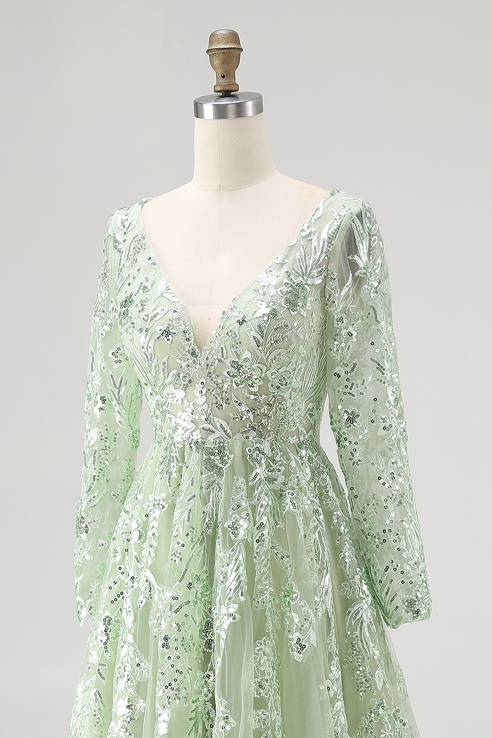 Dusty Sage V-Neck Ball Gown Long Sleeves Prom Dress with Sequins