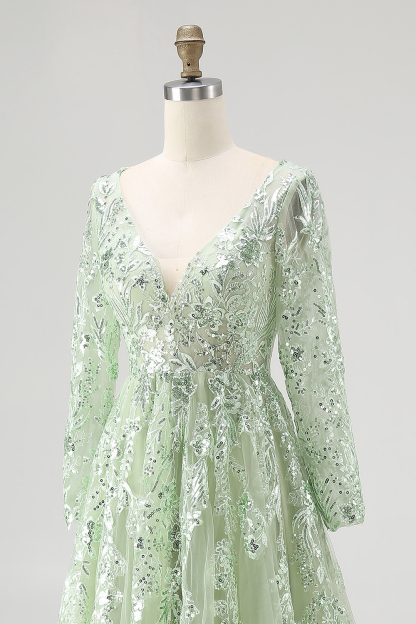 Dusty Sage V-Neck Ball Gown Long Sleeves Prom Dress with Sequins