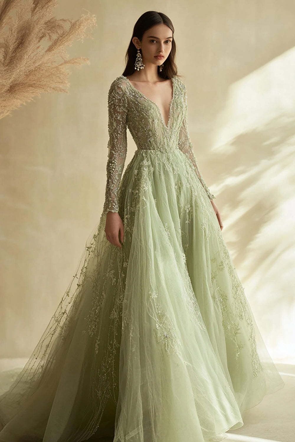 Leely Women Dusty Sage V-Neck Applique Prom Dress Long Sleeves A Line Tulle Ball Gown Dress