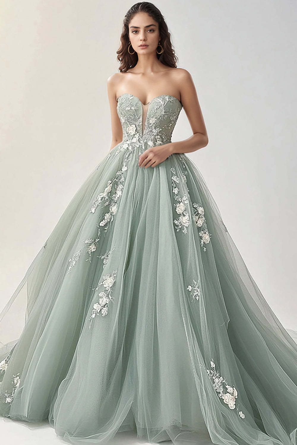 Leely Women Green A Line Sweetheart Prom Dress with Applique Floor Length Tulle Ball Gown Dress