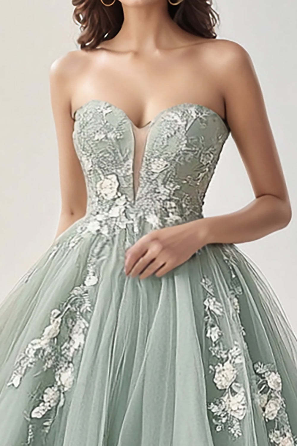 Green A Line Ball Gown Sweetheart Tulle Prom Dress with Applique