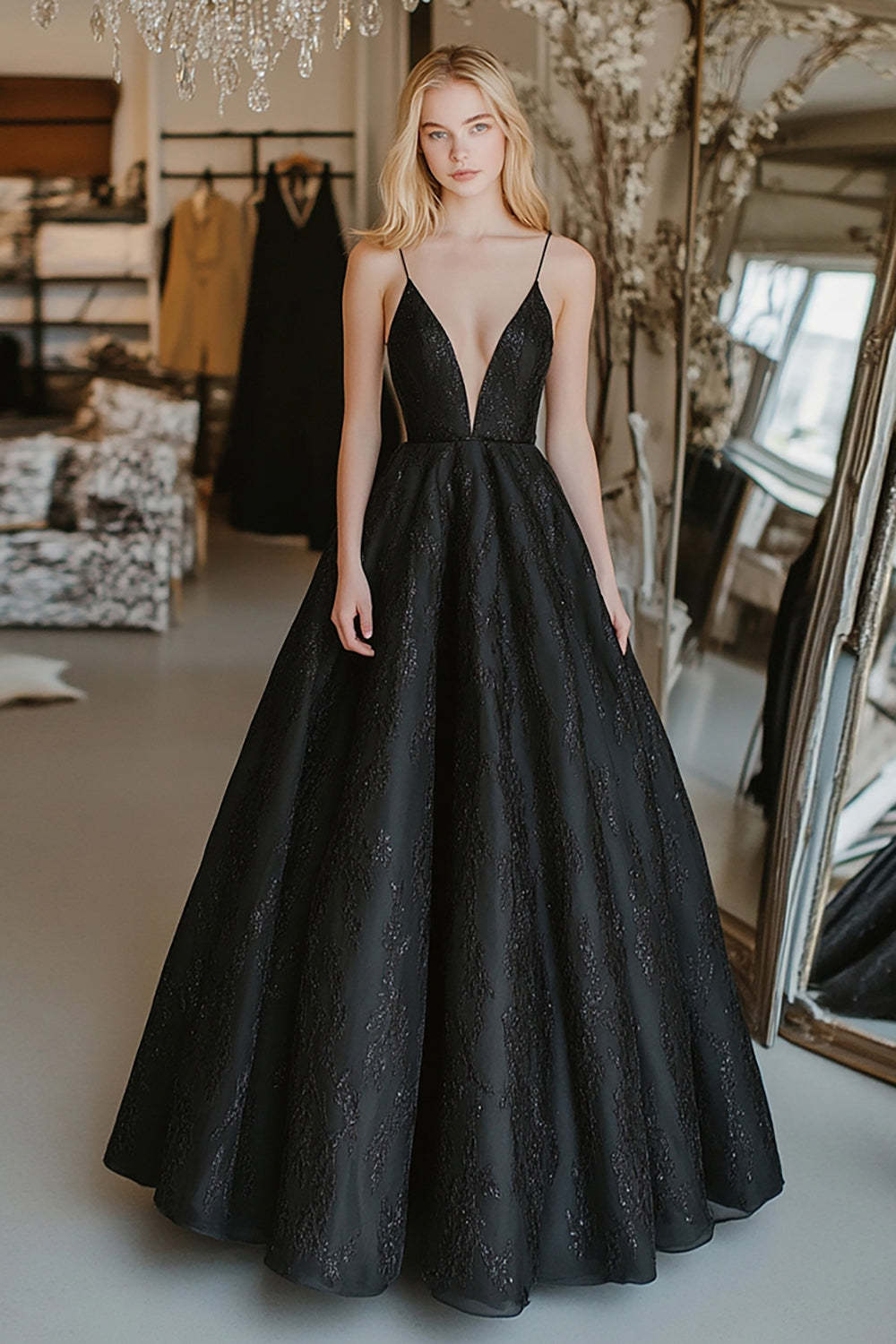 Leely Women Black A Line Spaghetti Straps Prom Dress with Embroidery Floor Length Back Zipper Ball Gown Dress