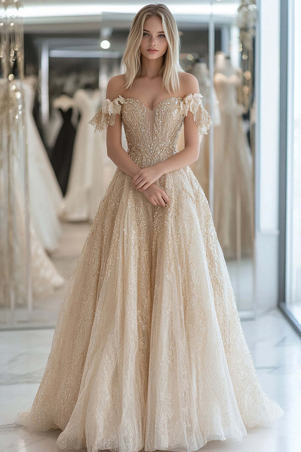 Leely Women A Line Champagne Sweetheart Tulle Prom Dress with Lace Strapless Floor Length Sweet 16 Dress