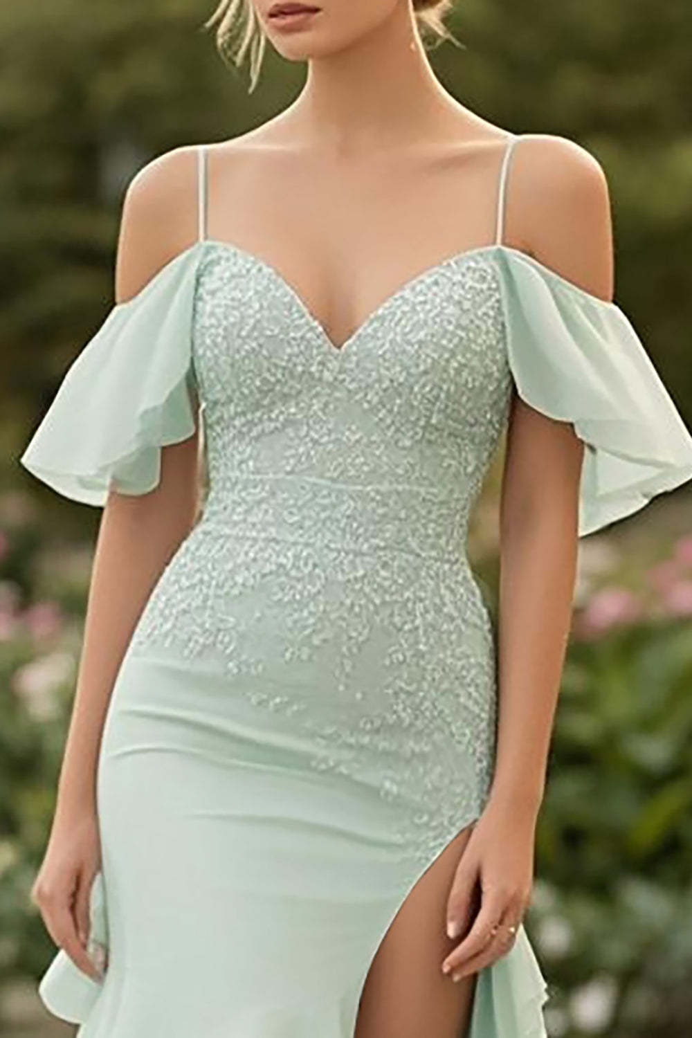 Mint Mermaid Cold Shoulder Ruffles Prom Slit