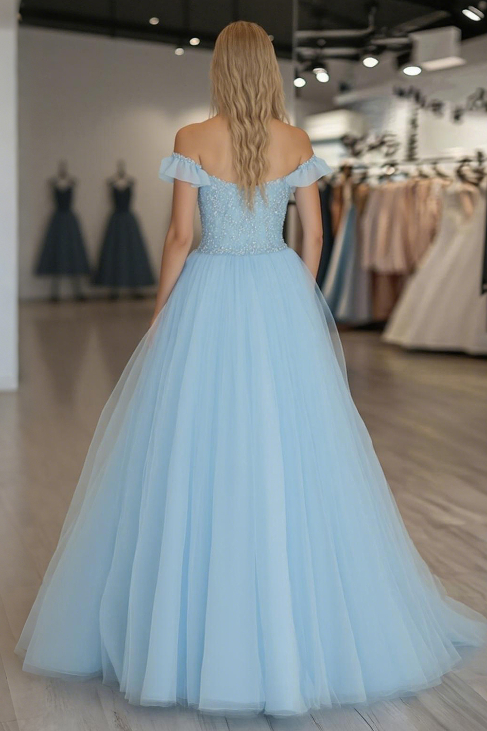 Sky Blue A Line Tulle Off the Shoulder Applique Floor Length Prom Dress