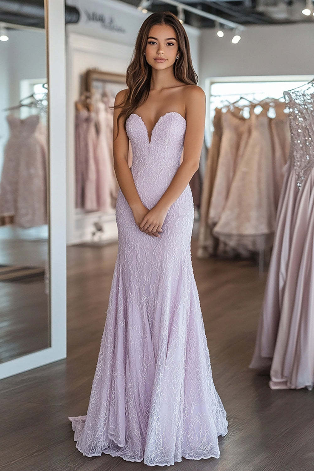 Leely Women Lilac Sheath Lace Prom Dress Corset Strapless Sweetheart Floor Length Formal Dress