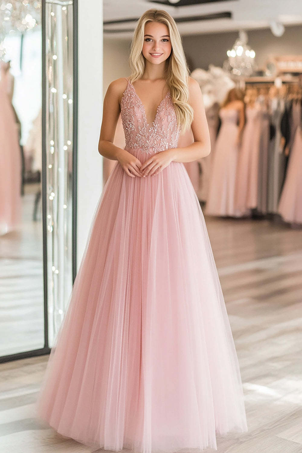 Leely Women Pink A Line Tulle Prom Dress with Lace Appliques Corset Deep V-Neck Floor Length Formal Dress