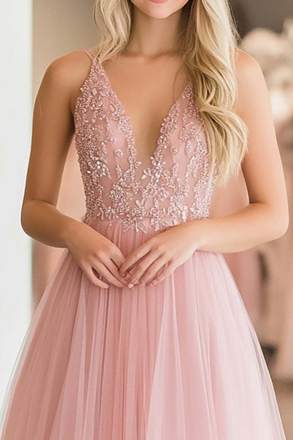 Pink Tulle A Line V-Neck Applique Floor Length Prom Dress