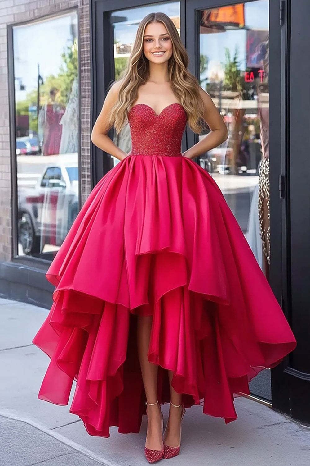 Leely Women Princess Red A Line Taffeta Prom Dress with Lace Ruffles Sweetheart Strapless High-Low Formal Dress