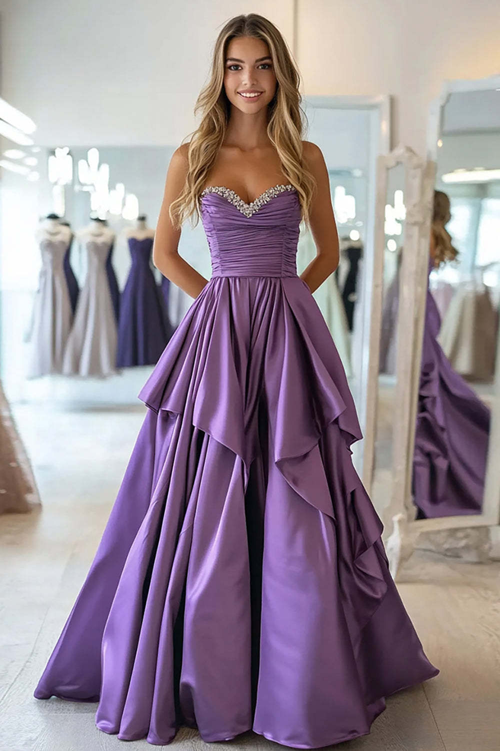 Leely Women Plum A Line Ball Gown Teffeta Prom Dress with Beading Sweetheart Strapless Ruched Long Formal Dress