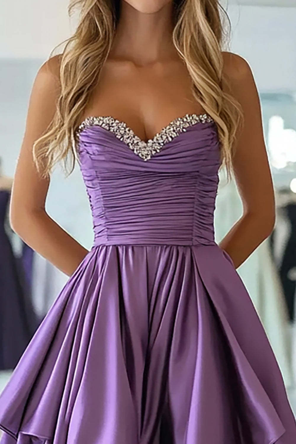 A Line Plum Strapless Taffeta Ruffles Long Prom Dress with Beading
