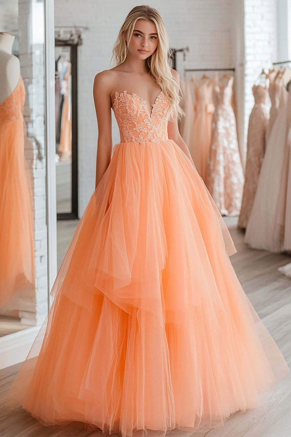 Leely Women Orange Ball Gown Tulle Sweetheart Prom Dress Lace Appliques Strapless Tiered Long Formal Dress
