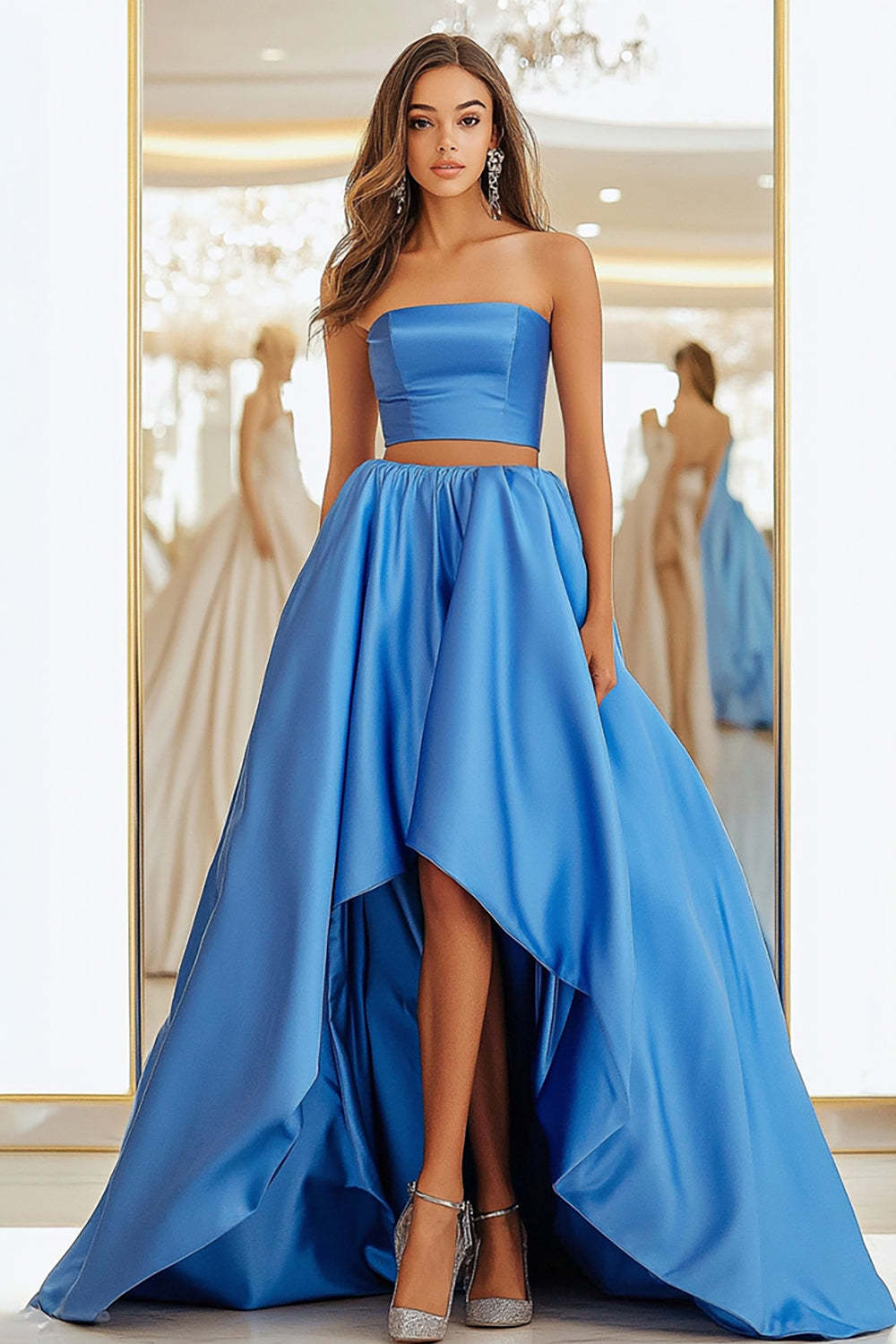 Leely Women 2 Piece Ball Gown Blue A Line Satin Prom Dress Strapless High-Low Floor Length Military Ball Dress
