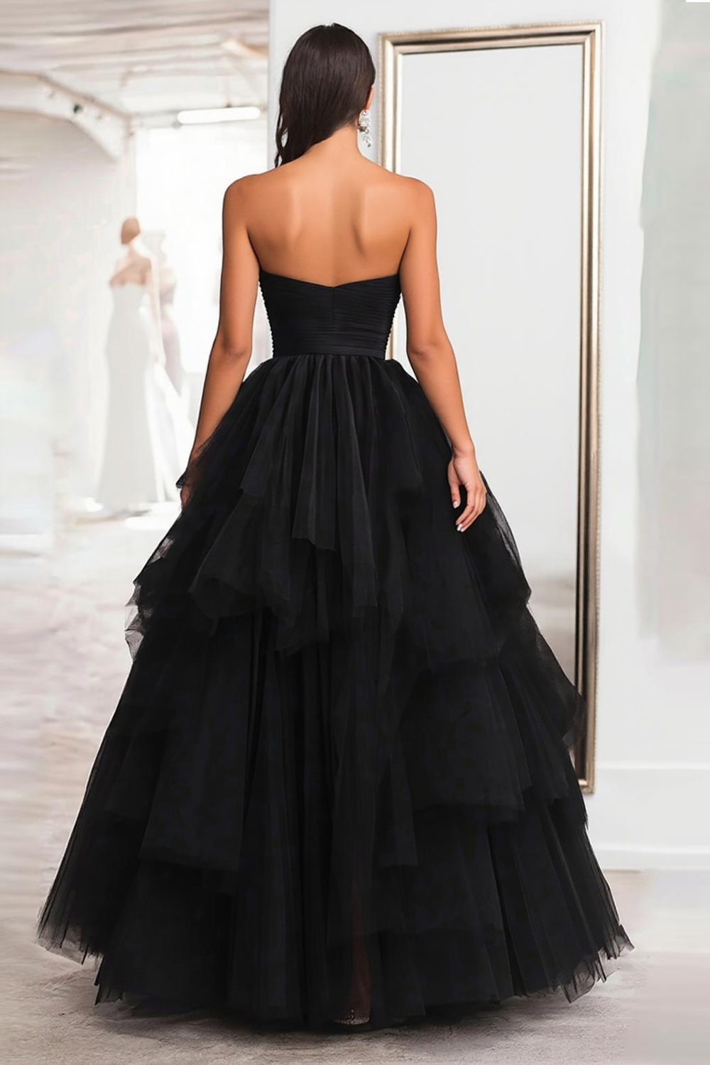 Black Ball Gown Tulle Tiered Strapless A Line Prom Dress