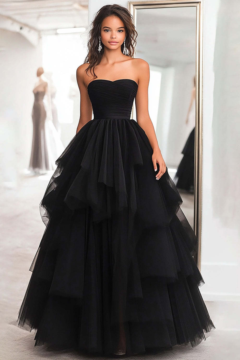 Leely Women Black Ball Gown A Line Tulle Prom Dress Strapless Tiered Floor Length Formal Dress
