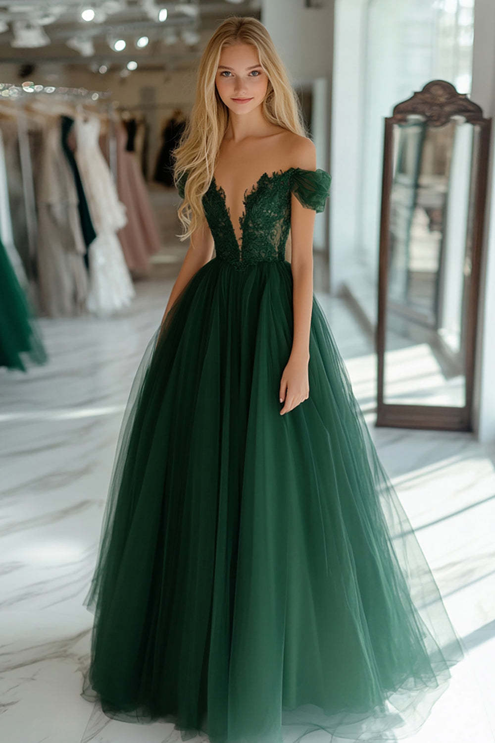 Leely Women Dark Green A Line Tulle Prom Dress with Appliques Corset Off the Shoulder Floor Length Formal Dress