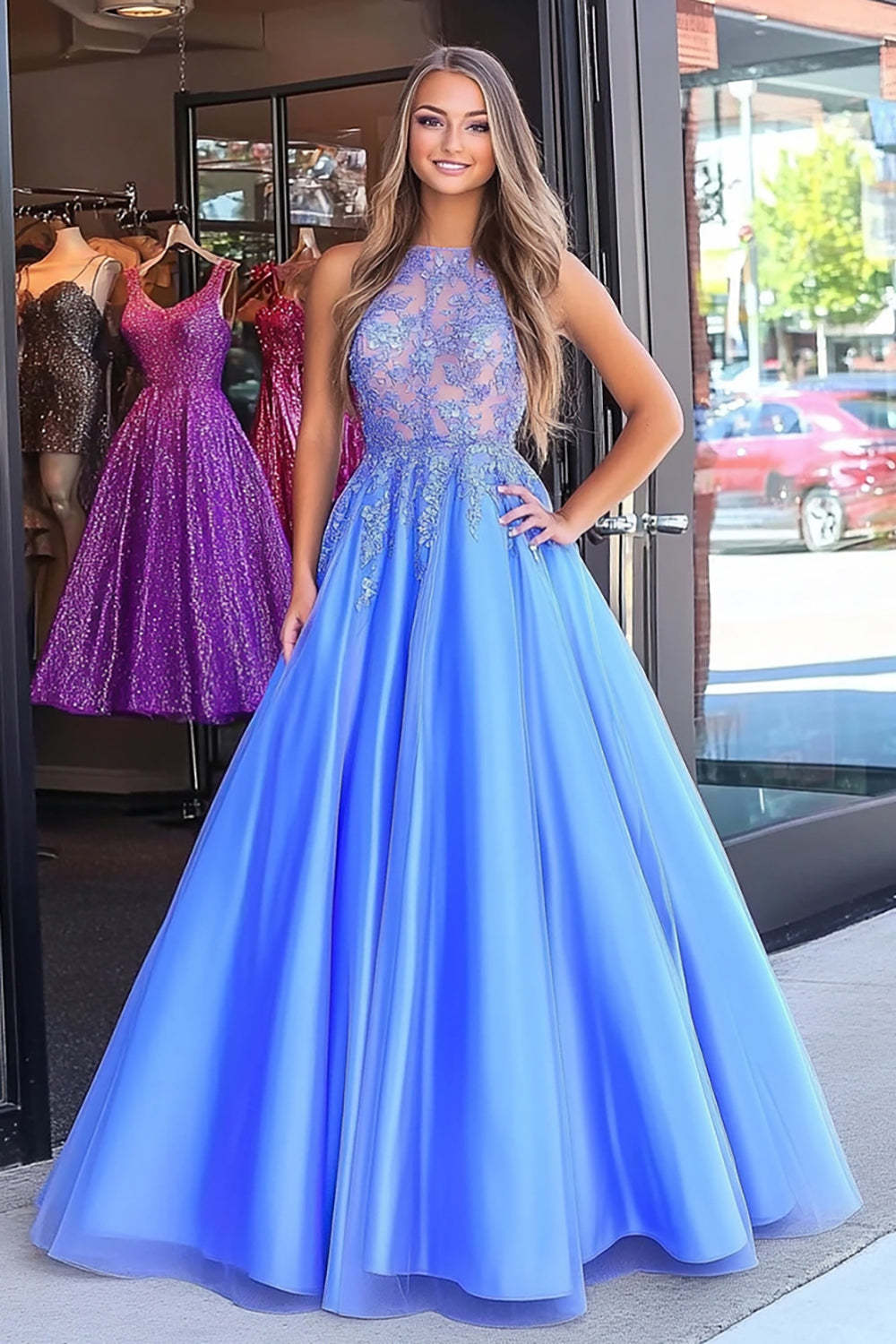 Leely Women Blue Ball Gown Tulle Prom Dress with Appliques Halter Floor Length Military Ball Dress