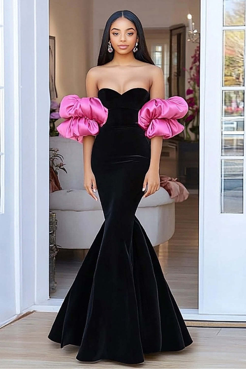 Leely Women Black Mermaid Velvet Prom Dress Strapless Sweetheart Floor Length Formal Gala Dress