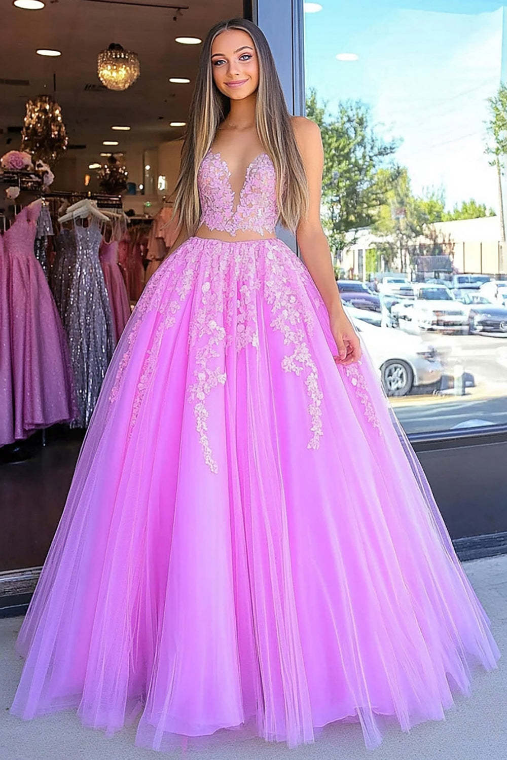 Leely Women 2 Piece Fuchsia Ball Gown Tulle Prom Dress with Lace Appliques Floral Sweetheart Floor Length Formal Dress