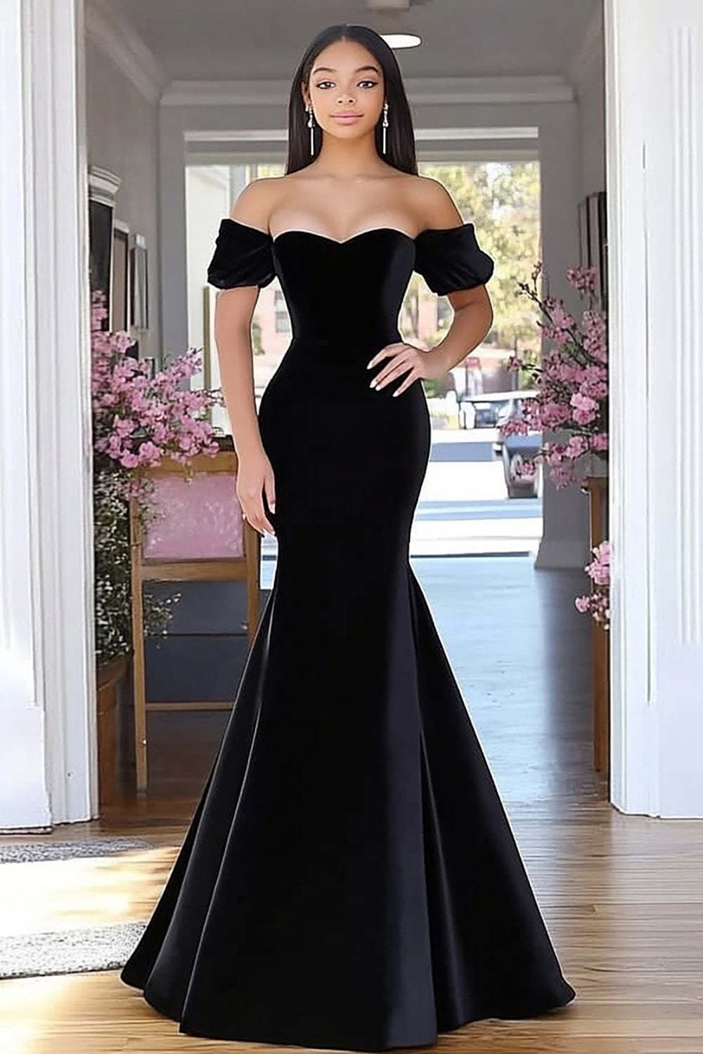 Leely Women Black Mermaid Velvet Prom Dress Elegant Off the Shoulder Sweetheart Floor Length Formal Dress