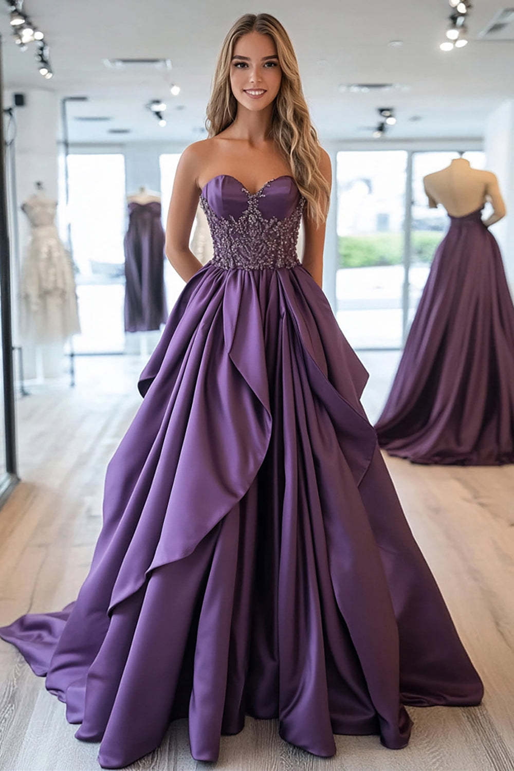 Leely Women Princess Plum Satin Ruffled Prom Dress with Beading Corset A Line Sweetheart Strapless Floor Length Formal Dress