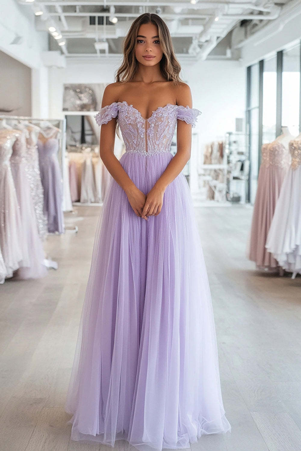 Leely Women Lilac A Line Tulle Prom Dress Sparkly Corset Applique Sweetheart Off the Shoulder Floor Length Formal Dress