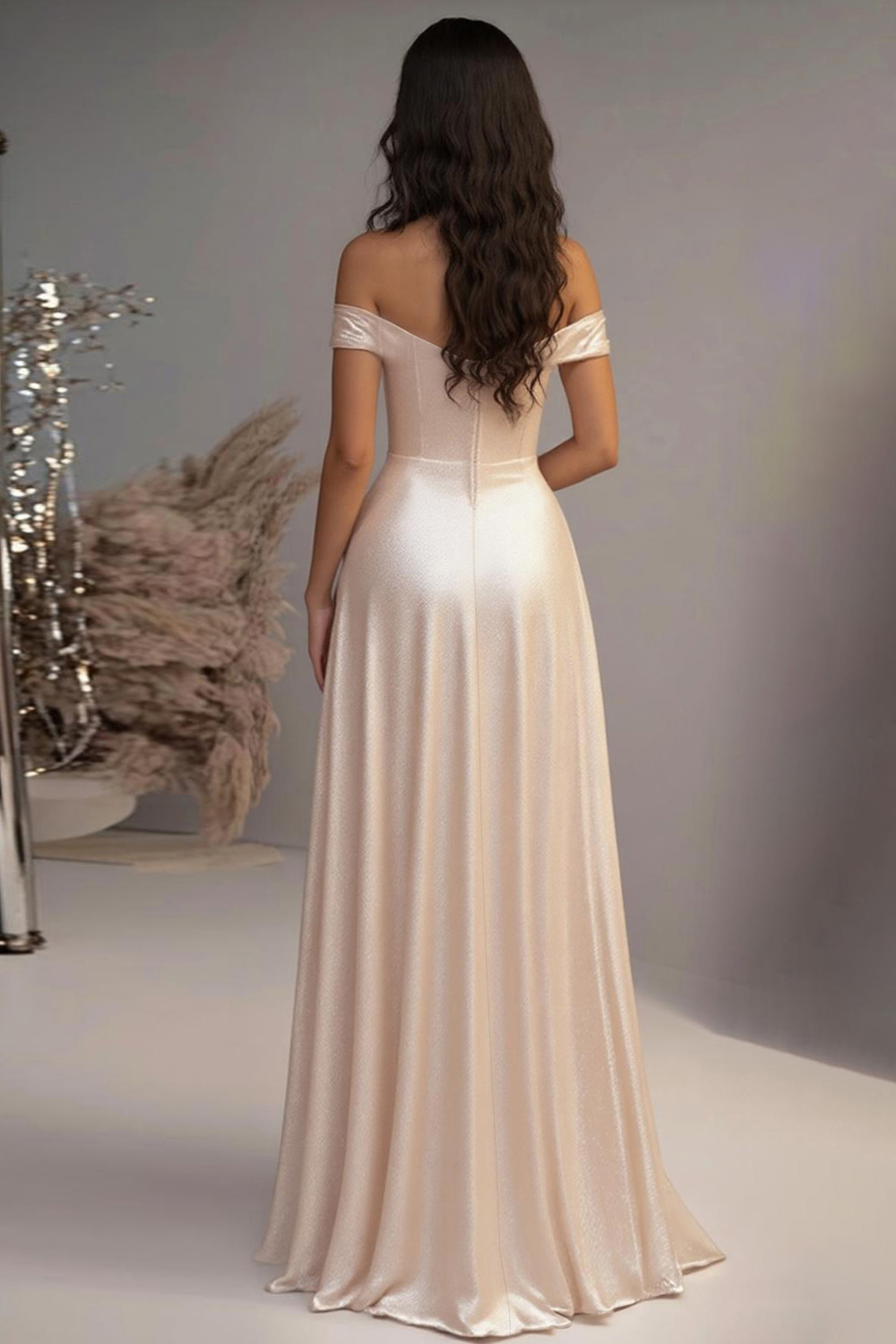 Elegant Champagne Off the Shoulder A Line Floor Length Prom Dress