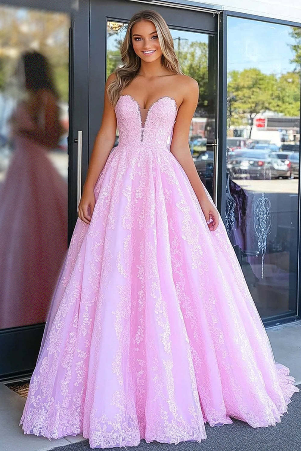 Leely Women Pink Ball Gown Prom Dress Lace Applique Corset Strapless Floor Length Formal Dress