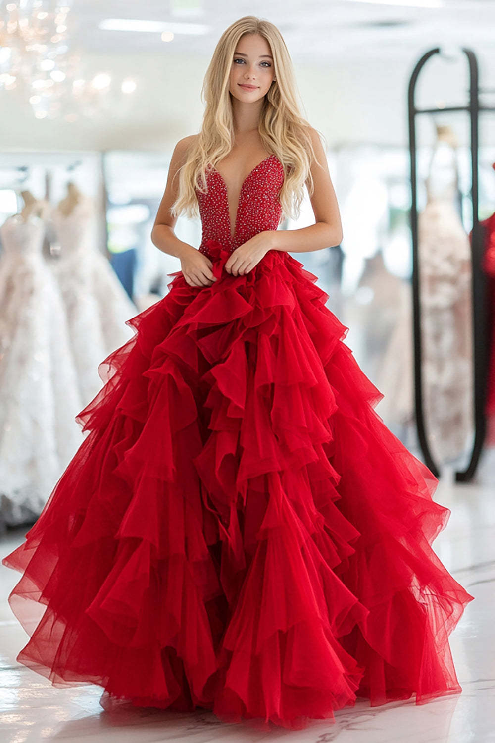 Leely Women Sparkly Red Ball Gown Prom Dress with Beading Ruffles Corset Strapless V-Neck Tulle Tiered Military Ball Dress