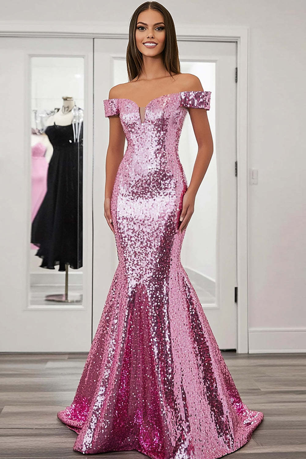 Leely Women Sparkly Pink Mermaid Prom Dress Off the Shoulder Sequin Floor Length Gala Dress