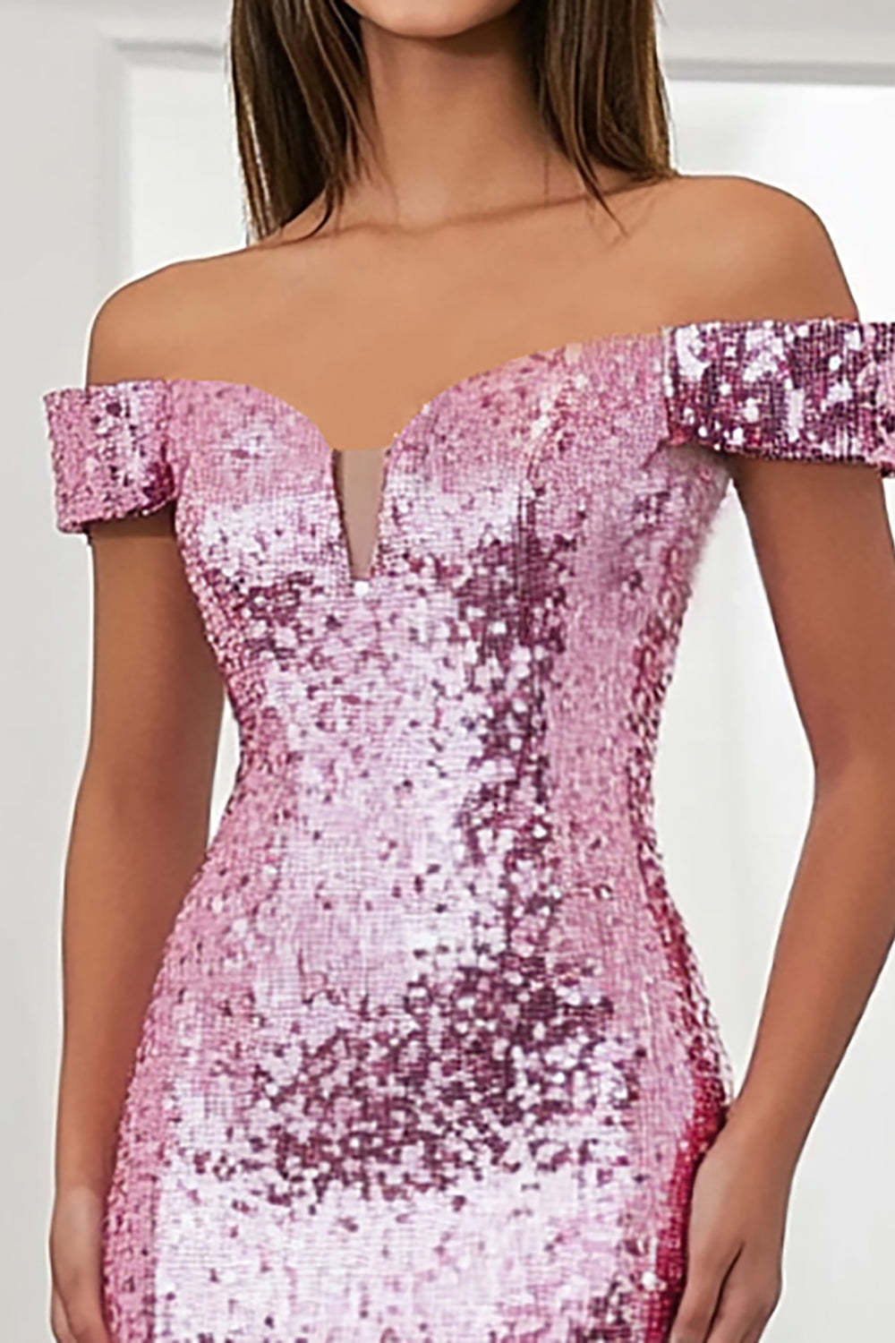 Sparkly Pink Mermaid Off the Shoulder Sequin Long Prom Dress