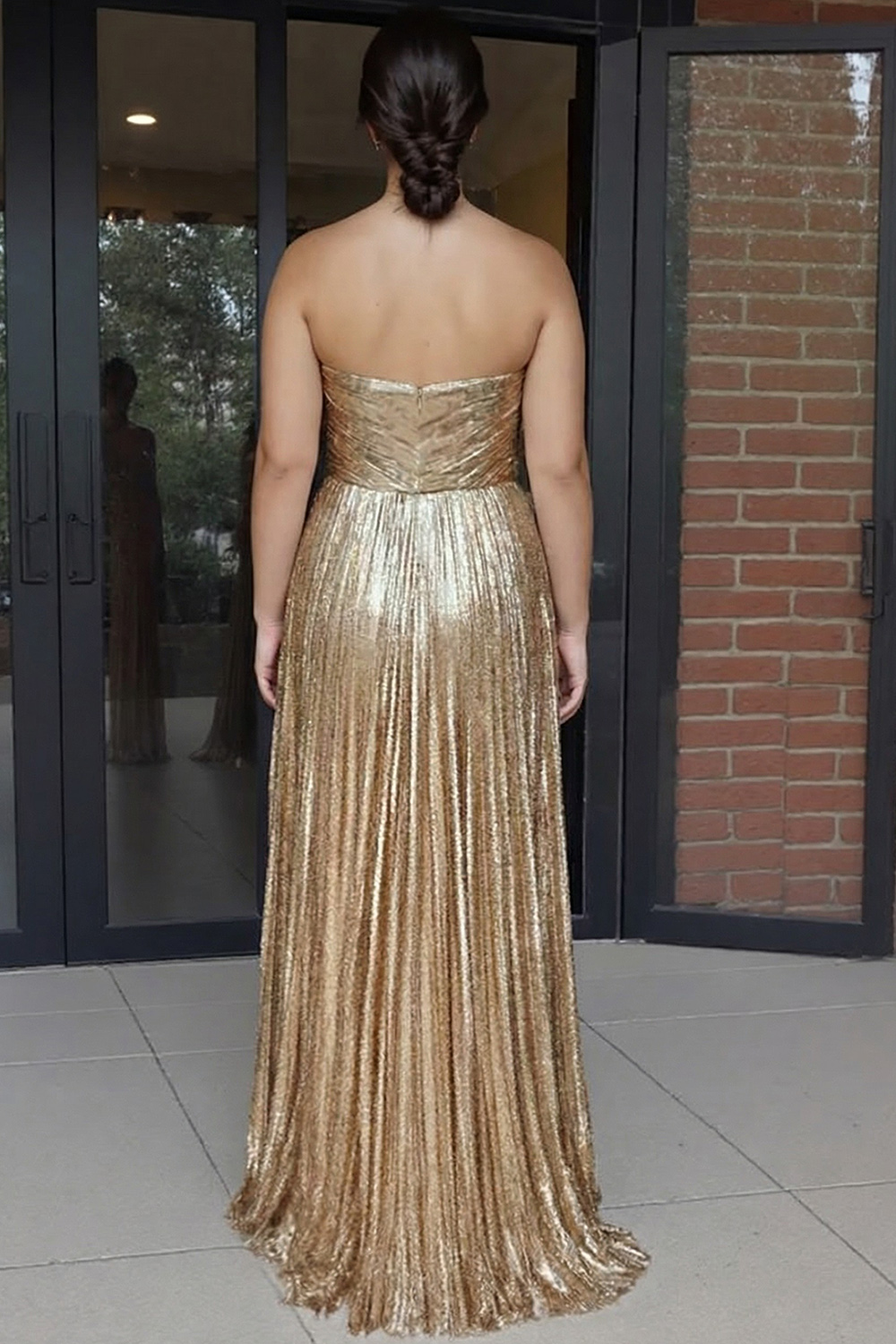 Metallic Gold Strapless Sweetheart A Line Long Prom Dress