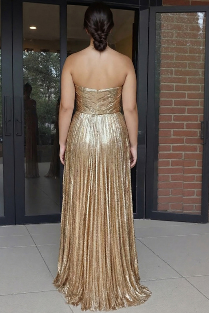 Metallic Gold Strapless Sweetheart A Line Long Prom Dress