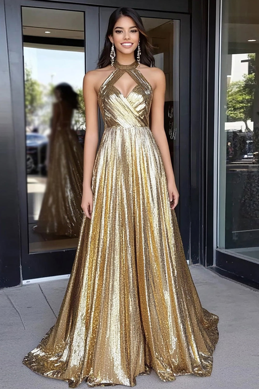 Gold Halter Metallic Keyhole Pleated A Line Long Prom Dress
