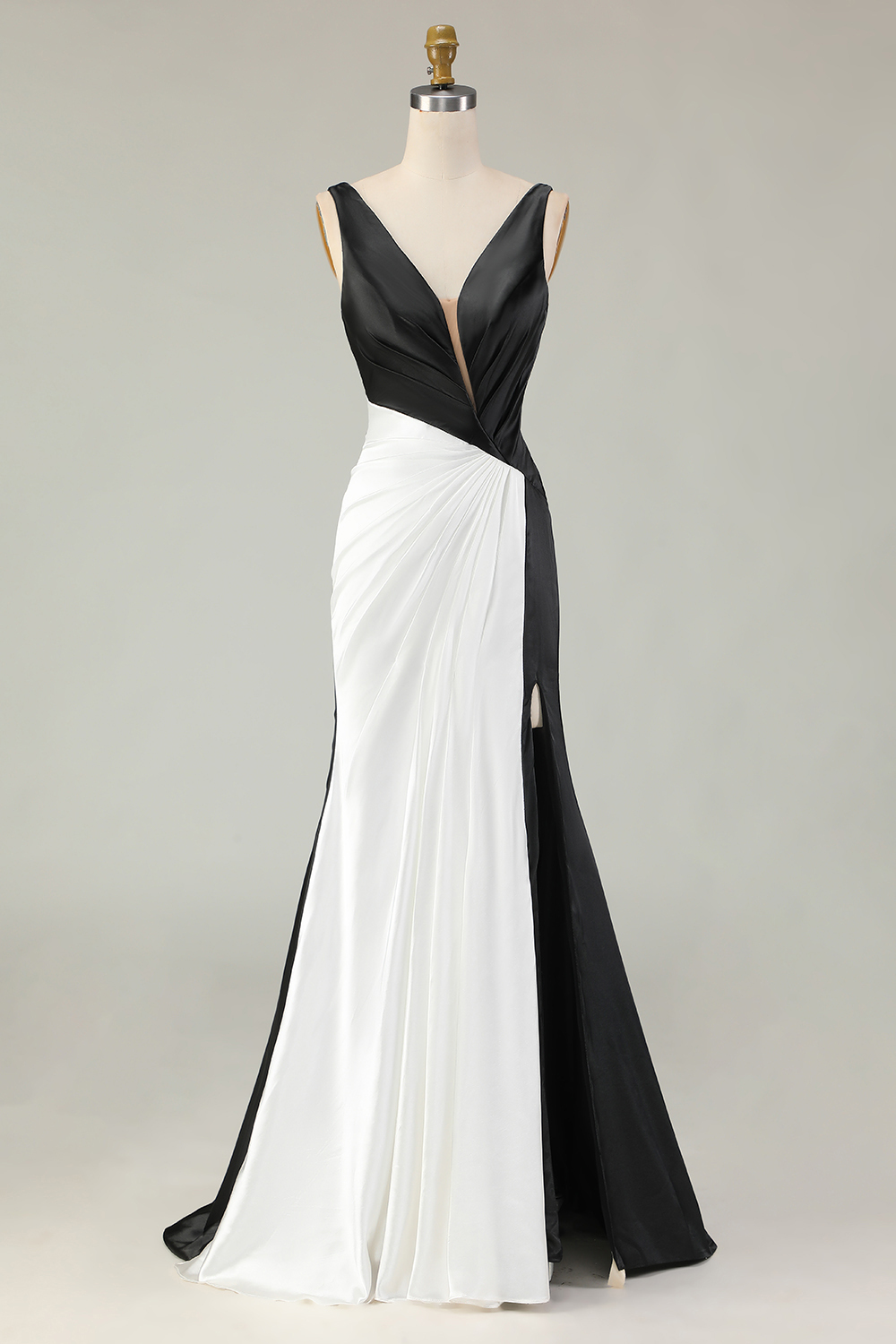 Black White Deep V Neck Mermaid Gala Dress with Slit