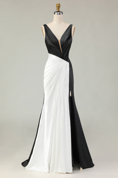 Black White Deep V Neck Mermaid Gala Dress with Slit