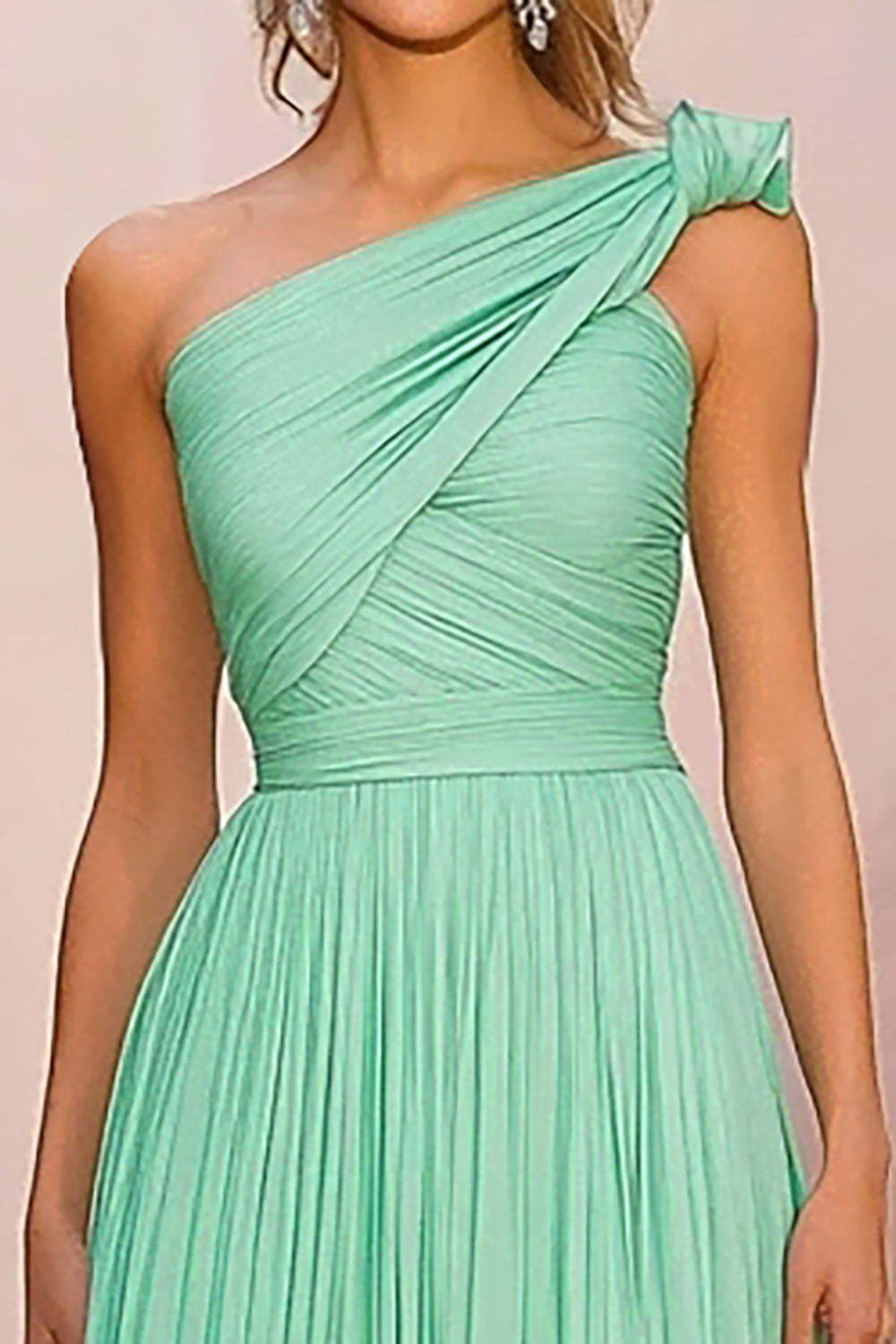 Mint One Shoulder A Line Pleated Chiffon Gala Dress