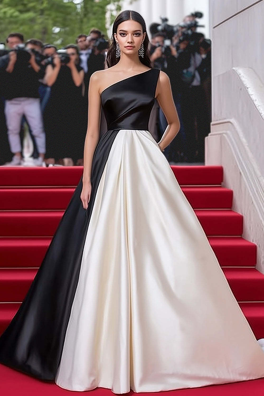 Leely Women Black White One Shoulder Satin A Line Gala Dress Sleeveless Floor Length Formal Dress