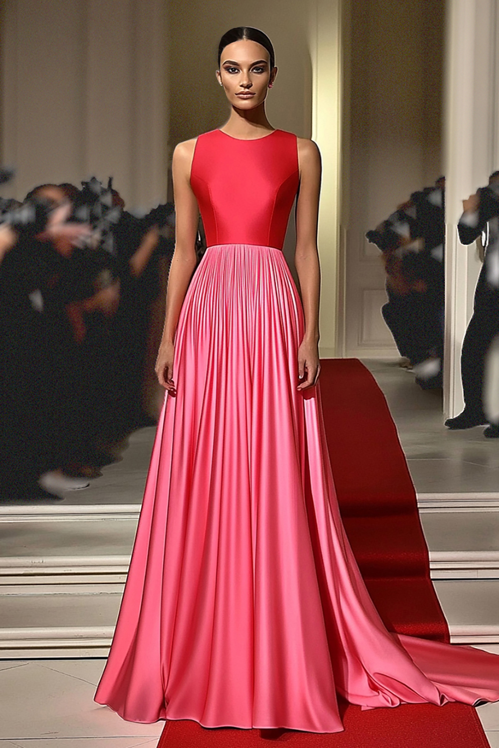 Red Pink Jewel Neck Pleated Satin A Line Gala Dress